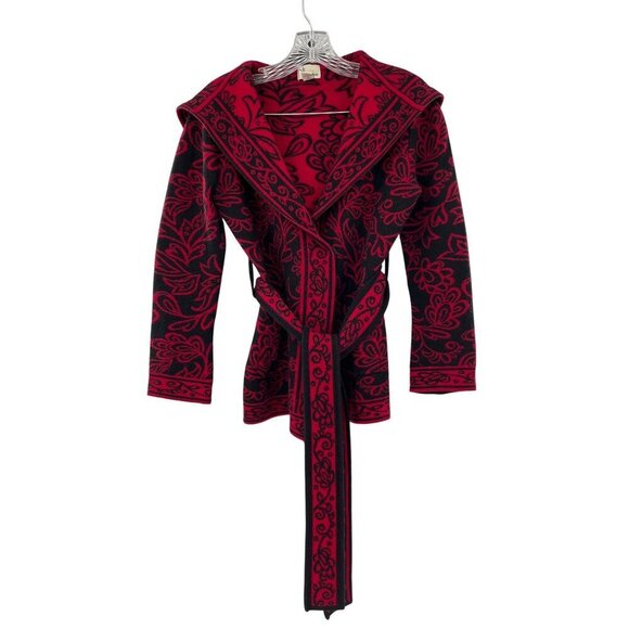 Neve Womens Hooded Knit Sweater Jacket With Belt - Size Small Red & Black Floral - Picture 2 of 11